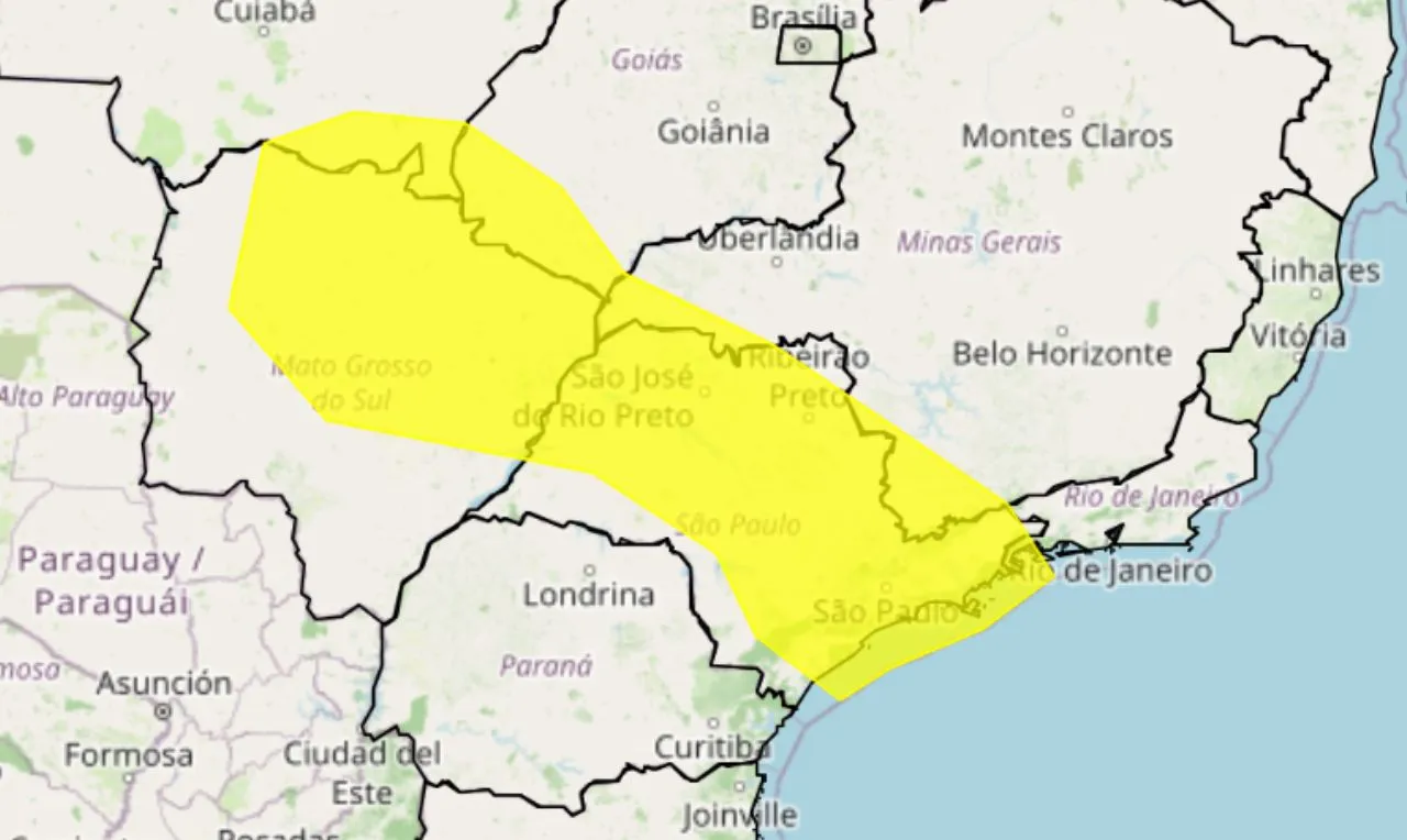 o mapa mostra as &aacute;reas em alerta para chuva intensa e ventos fortes